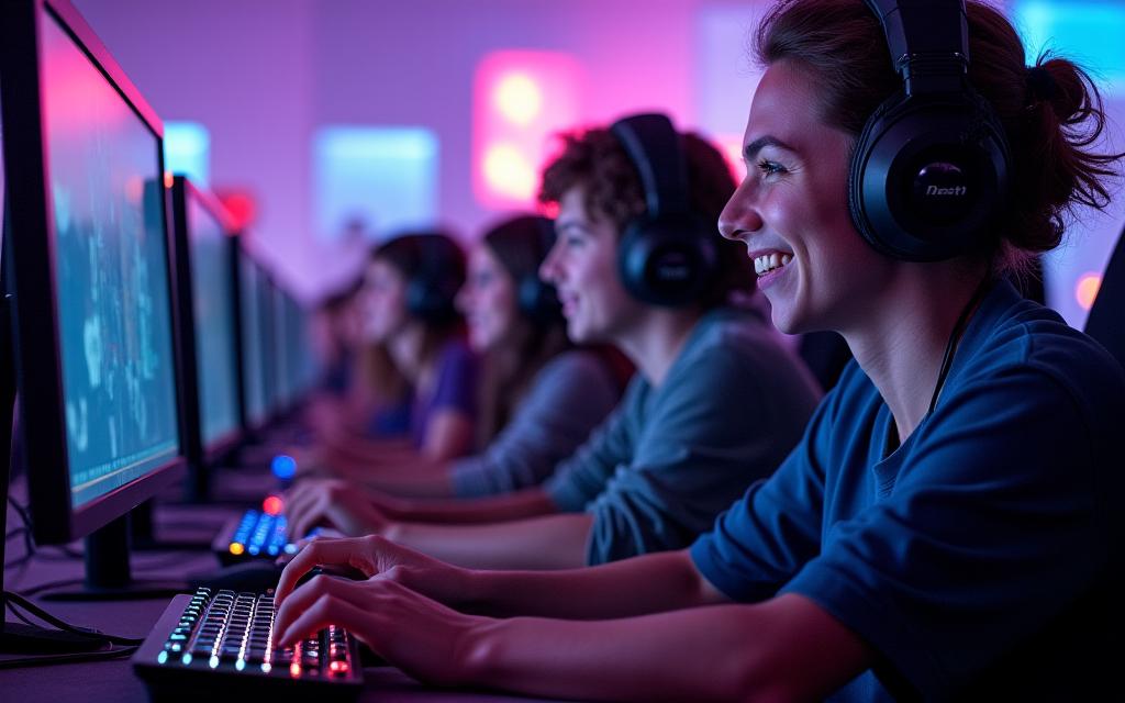 A vibrant photo of gamers competing and enjoying themselves at a ByteStream Gaming LAN event, with diverse participants.