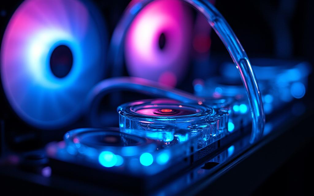 A close-up shot of a ByteStream Gaming custom PC with intricate liquid cooling tubes and glowing RGB lights.