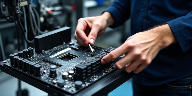 Technician meticulously assembling a custom PC, highlighting the intricate wiring and components.