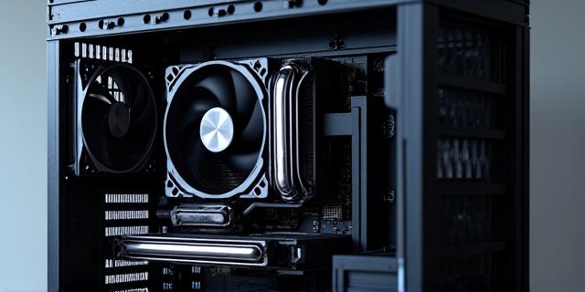 Open PC case showing CPU cooler and graphics card, symbolizing hardware upgrades and maintenance.